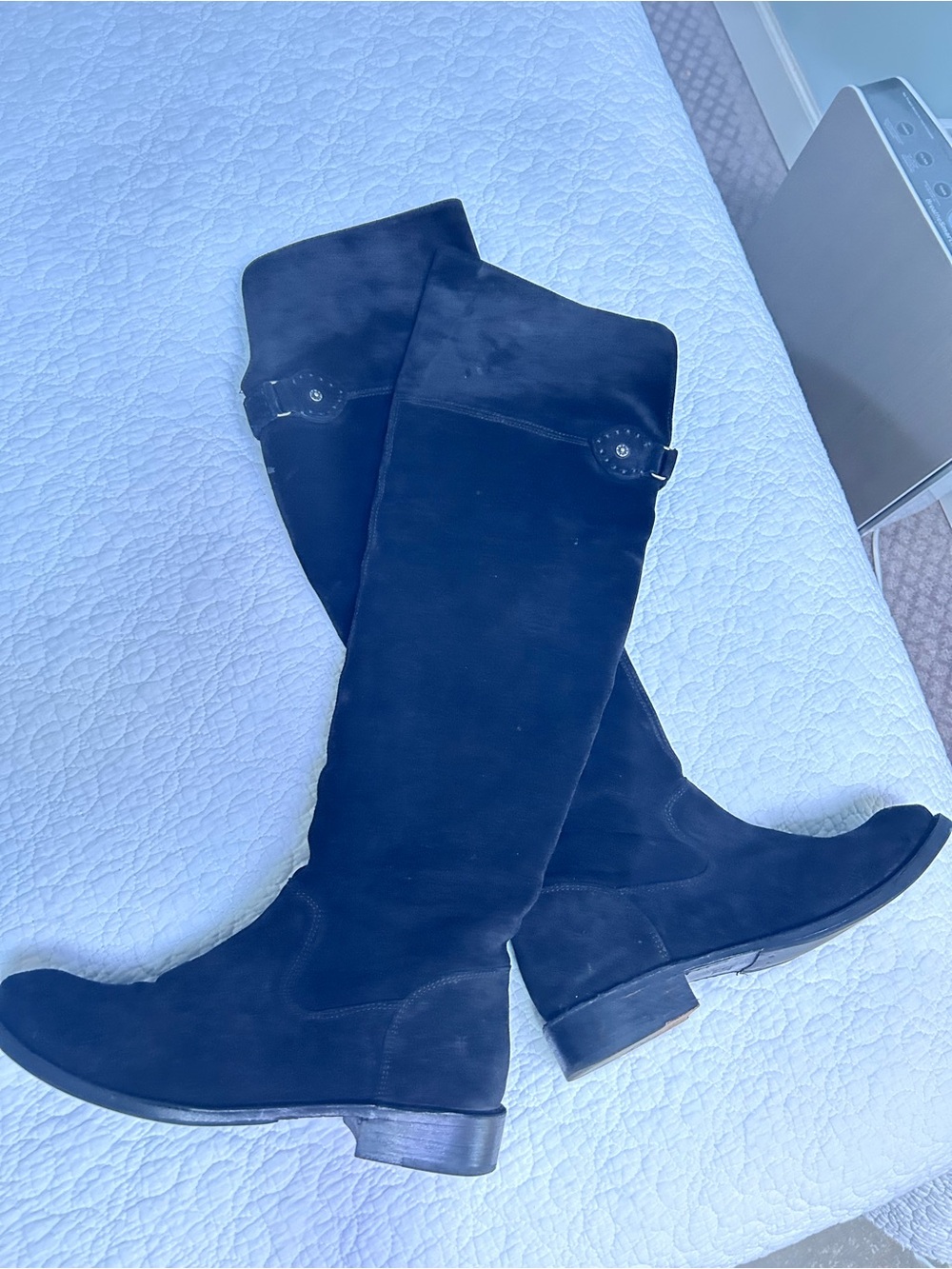 Frye Black Suede Over-the-Knee Buckle Riding Boots